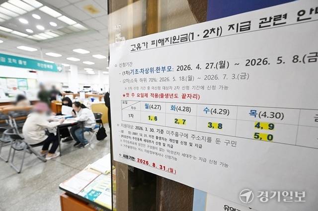 고유가로 인한 민생 부담 완화를 위한 ‘고유가 피해지원금’ 1차 지급이 27일부터 시작된 가운데 인천지역 행정복지센터에 붙은 고유가 피해지원금 안내 사항. 조병석기자