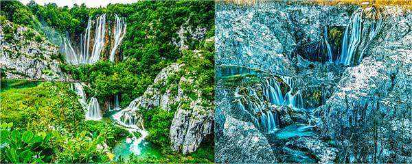 벨리키 슬라프Veliki slap폭포의 여름과 겨울. 플리트비체에서 가장 높고 웅장한 78m 높이의 폭포. 멀리서부터 물안개에 젖고 가까이 가면 휙휙 날리는 물보라를 맞는다(왼쪽). 사진 스위군스키. 겨울의 벨리키 슬라프. 은빛 동화마을이다(오른쪽). 사진 플리트비체국립공원 홈페이지.