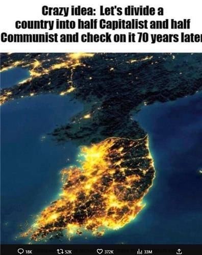 "남한-북한의 차이" 미국의 테슬라 CEO인 일론 머스크가 2023년 10월1일 엑스(옛 트위터)에 올린 한밤중 한반도 위성 사진. 그 위에는 "한 국가가 자본주의와 공산주의로 나누어진 지70년 뒤의 모습을 확인해보자"라고 적혀 있다.