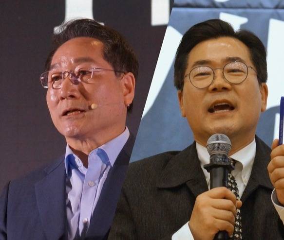 지난 3월4일 인천 선학체육관에서 출판기념회를 가진 국민의힘 소속 유정복 인천시장(왼쪽)과 2일 인하대학교 대강당서 기념회를 연 더불어민주당 박찬대 의원 2026. 3. 4. [경인방송DB]