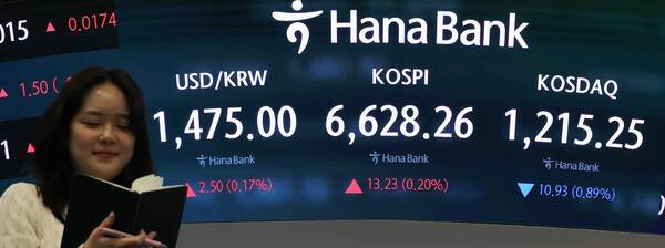 코스피가 상승 출발해 장중 최고치를 다시 경신한 28일 서울 하나은행 본점 딜링룸 현황판에 코스피와 코스닥, 원/달러 환율이 표시돼 있다. 연합뉴스