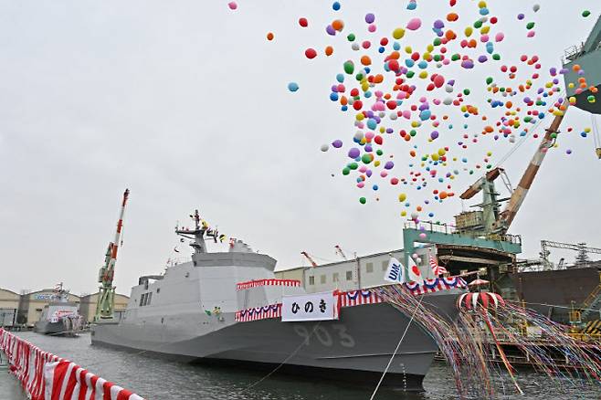 지난 달 재팬 마린 유나이티드(JMU) 요코하마 공장에서 열린 일본 해상자위대(JMSDF) 신형 사쿠라급 초계함 히노키함 진수식 당시 모습이다. (출처=일본 해상자위대 홈페이지)