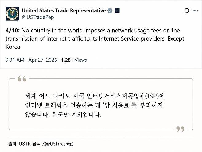 미 무역대표부가 한국의 '망 사용료'를 문제 삼은 게시글. /USTR X(옛 트위터)
