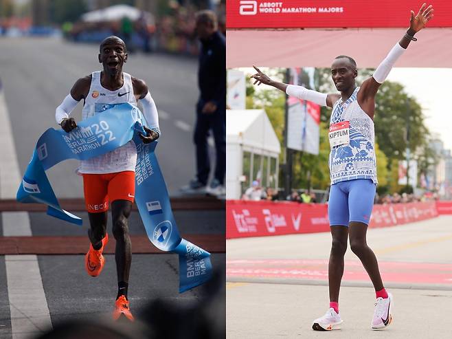 나이키의 러닝화 ‘에어 줌 알파플라이 넥스트’ 시리즈를 신고 마라톤을 신기록을 세우는 엘리우드 킵초케(왼쪽)·켈빈 킵툼(오른쪽). 인스타그램 갈무리