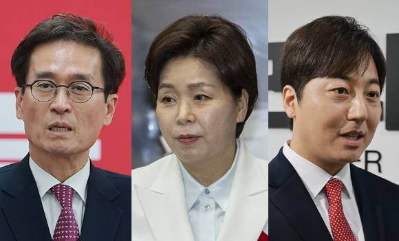 왼쪽부터 함진규 전 의원, 양항자 최고위원, 이성배 전 MBC 아나운서 [사진=연합뉴스]