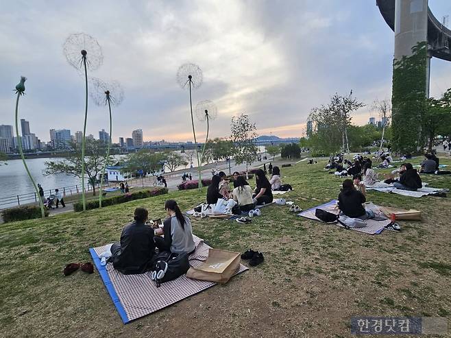 지난 23일 오후 5시경 서울 광진구 자양동 뚝섬유원지에서 나들이객들이 돗자리를 깔고 치킨 등 음식을 먹고 있다. /사진=박수빈 기자