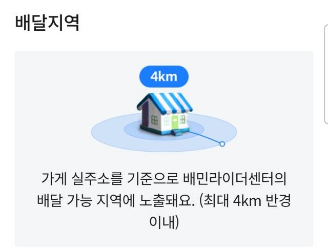 ▲<그림 1> 과거에 B 배달앱의 노출 반경은 통상 4km였다.