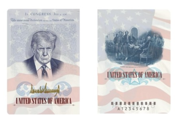 트럼프&nbsp;얼굴이 커버 안쪽에 새겨지는 미국&nbsp;'한정판&nbsp;여권'. 연합뉴스