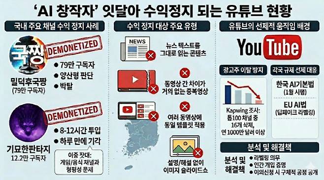 'AI 창작자' 잇달아 수익정지되는 유튜브 현황(정리=윤정훈 기자)