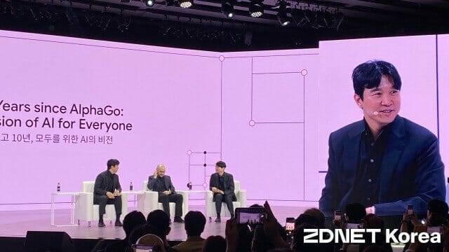 이세돌 9단(오른쪽부터), 데미스 하사비스 구글 딥마인드 공동 창업자 및 CEO, 조승연 작가가 29일 서울 중구 웨스틴조선호텔에서 열린 구글 포 코리아 2026 행사에 참석해 '알파고 10년, 모두를 위한 AI의 비전'을 주제로 대담을 하고 있다. 2026.4.29 (사진=지디넷코리아)