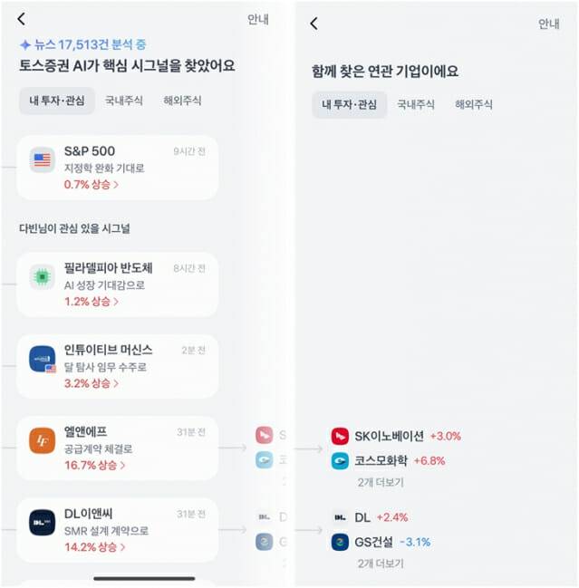 시장 분석 서비스 ‘AI 시그널’은 뉴스와 공시 데이터를 분석해 시장 변동 원인을 도출하고 요약한다. (사진=토스증권)