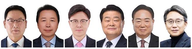 왼쪽부터 김영춘(66)·명노희(66)·이명수(71)·이병도(62)·이병학(70)·한상경(66) 충남교육감 후보. 중앙선거관리위원회