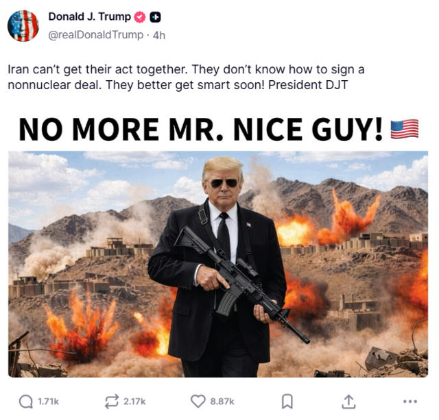 도널드 트럼프 미국 대통령이 4월 28일(미 동부 현지시간) 자신 소유인 SNS ‘트루스소셜’ 계정을 통해 핵협상 거부 중인 이란 정권 강경파를 겨냥한 게시물을 올렸다. [도널드 트럼프 미국 대통령 트루스소셜 계정 갈무리]