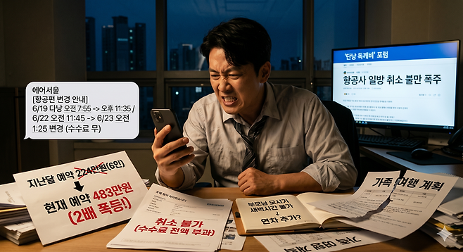 최근 유류세 급등으로 저가항공사를 중심으로 항공편 취소와 변경을 하는 일이 늘어나며 소비자 불만도 커지고 있다. 제미나이 생성 이미지=이환주 기자