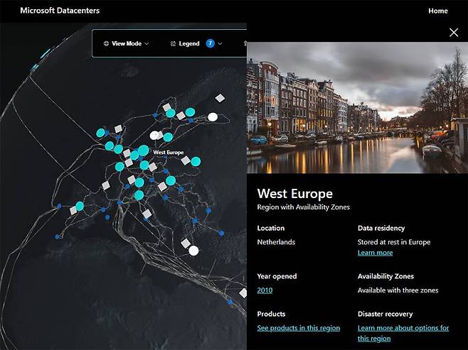유럽 내 마이크로소프트 애저 클라우드 데이터센터 위치, 구글과 AWS까지 합치면 그 수가 상당하다 / 출처=마이크로소프트