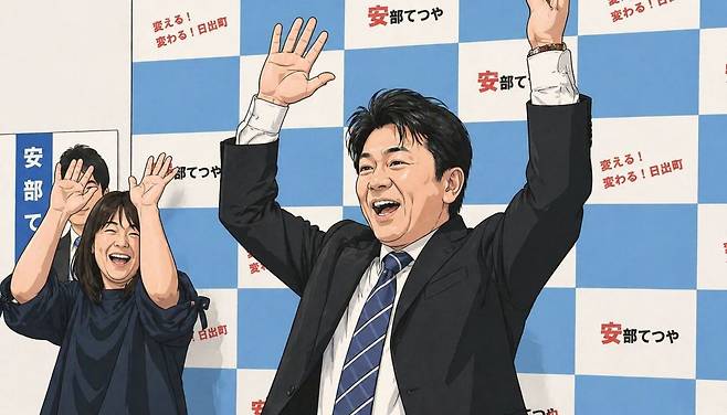 2024년 8월 25일 일본 오이타현 히지마치정장 선거에서 당선된 아베 데쓰야 후보가 승리를 자축하는 모습. 실제 장면을 생성형 인공지능(AI)으로 일러스트화한 이미지입니다.