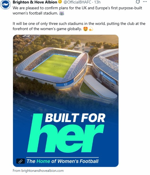 여자축구 전용 경기장 건설 계획을 발표한 브라이턴. / 사진=연합뉴스