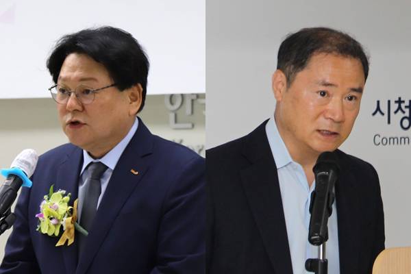▲이진숙 전 방통위원장이 2024년 8월1일 임명한 민영삼 한국방송광고진흥공사(코바코) 사장(왼쪽)과 최철호 시청자미디어재단 이사장 취임식 모습. 사진=기관제공