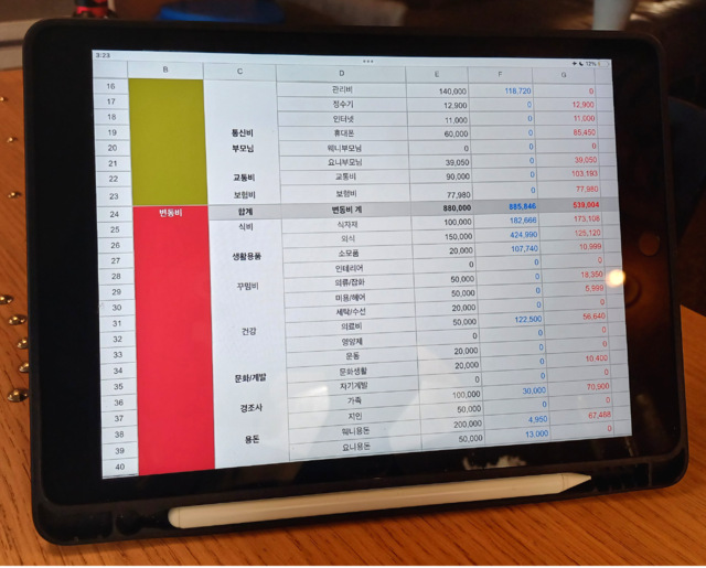 이씨의 ‘머니볼 가계부’. 목표 예산(검은색), 절약 금액(파란색), 실제 지출(빨간색)이 표시돼 있다.