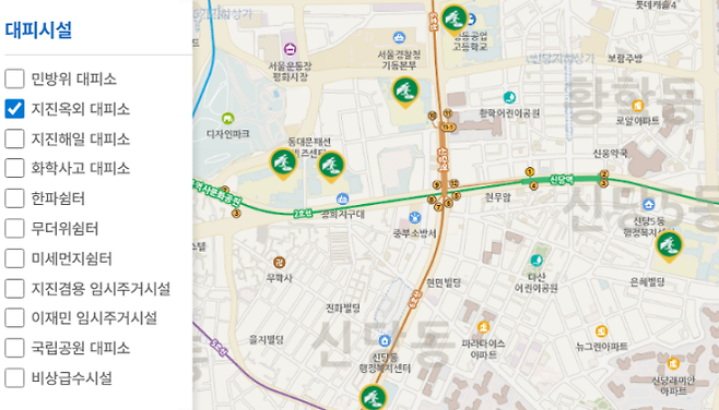 사용자 위치 기반 43종의 재난안전정보를 제공해주는 ‘국민안전24’ 서비스 지도 모습.
