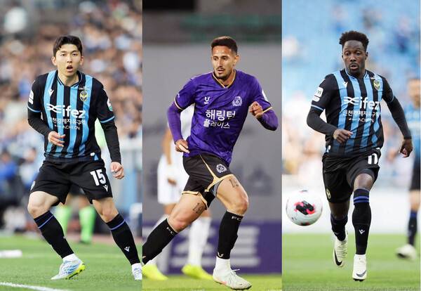 13.4km 뛴 인천 서재민, 10라운드 연속 베스트 러너…K리그1 피지컬 데이터 공개...사진은 서재민(인천), 엘쿠라노(안양), 제르소(인천).(사진제공=한국프로축구연맹)