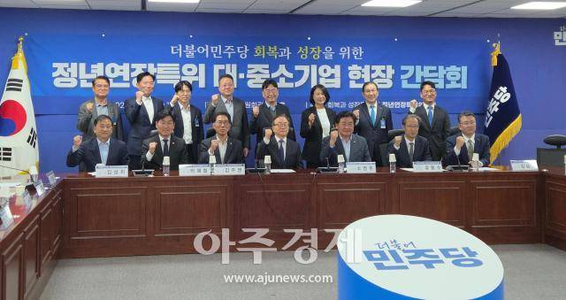 서울 여의도 국회의원회관에서 열린 대·중소기업 현장 간담회에서 현대자동차, LG전자 등 경영계 관계자들이 더불어민주당 회복과 성장을 위한 정년연장특별위원회가 기념촬영을 하고 있다. [사진=신지아 기자]