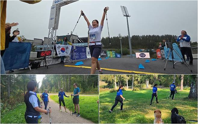 (상단부터 시계방향으로) 2024 국제노르딕워킹 컨벤션 20km 레이스를 완주한 이정옥 간호사, 북유럽(핀란드) 자연환경 치유활동에 참여한 이 간호사, 핀란드 주니어(10대) 노르딕워킹 강사자격 취득 과정 중 기념촬영