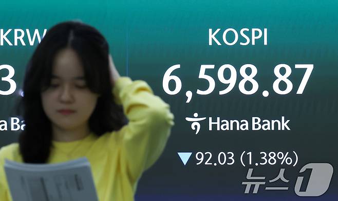 코스피가 장중 6750선까지 치솟았지만 하락 전환한 30일 오전 서울 중구 하나은행 본점 딜링룸 전광판에 코스피 종가가 표시되고 있다. 2026.4.30 ⓒ 뉴스1 임지훈 인턴기자