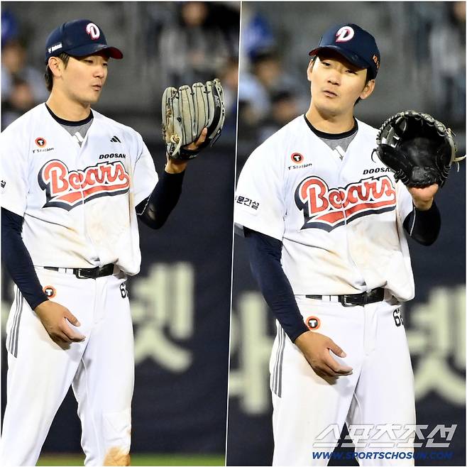 8회초 두산 3루수 안재석이 삼성 김성윤의 강습 타구를 호수비로 잡아낸 후 놀라고 있다.