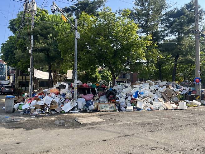 30일 오전 대전 유성구 장대동 유성시장의 한 골목에 쓰레기 더미가 쌓여 있다. 우수아 기자