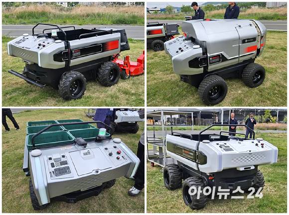 예초로봇(왼쪽 위부터 시계방향),방제로봇,산업용로봇,운반로봇. [사진=최란 기자]