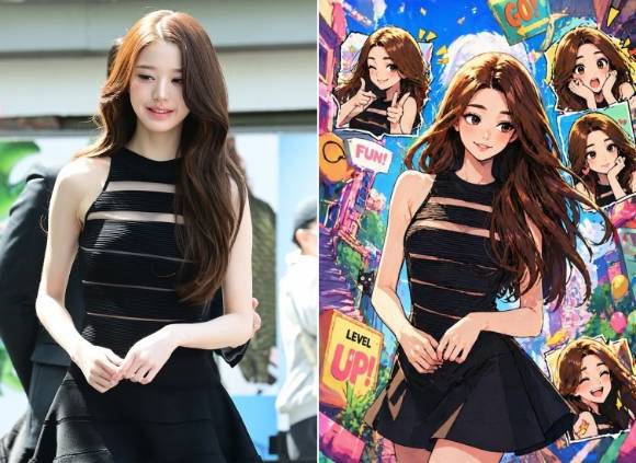 가수 장원영의 사진(왼쪽)을 챗GPT 이미지 2.0을 사용해 애니메이션풍으로 바꾼 결과 [사진=정소희 기자, 챗GPT AI 이미지]