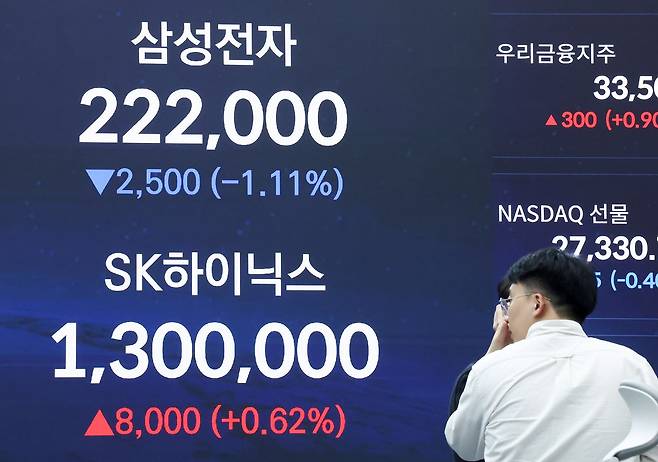 코스피 지수가 연일 사상 최고치를 경신한 28일 오후 서울 중구 우리은행 본점 딜링룸 전광판에 삼성전자, SK하이닉스 종가가 표시되고 있다. 뉴스1