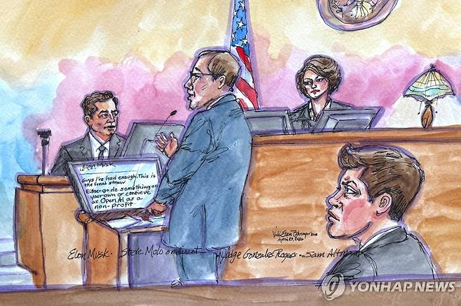 증언하는 머스크와 지켜보는 올트먼 일론 머스크 테슬라 최고경영자(CEO)가 29일(현지시간) 미국 캘리포니아 북부연방지법 오클랜드지원에서 열린 재판에서 피고인 샘 올트먼 오픈AI CEO가 지켜보는 가운데 증언대에 올라 자신의 법률 대리인인 스티븐 몰로 변호사의 질문에 답변하고 있는 모습을 담은 법정 스케치. [로이터=연합뉴스 자료사진. 재판매 및 DB 금지]