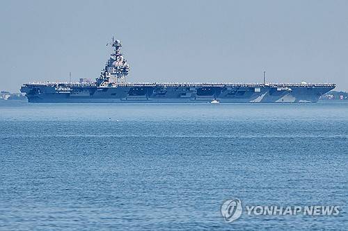 미국 항공모함 제럴드 R. 포드호 (노퍽 [미국 버지니아주] AP=연합뉴스 자료사진) 2025년 6월 23일 미국 버지니아주 노퍽 해군기지에 있는 미국 항공모함 제럴드 R. 포드호. (AP Photo/John Clark, File) 2026.4.30.