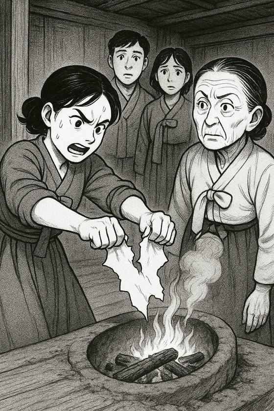 문정숙이 아궁이에 혼인석약서를 찢어 버리는 모습