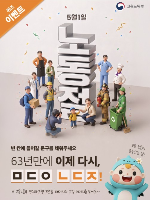 고용노동부가 인스타그램에 게시한 노동절 관련 홍보물. 여성은 의사, 안전모를 쓰고 스패너를 든 노동자, 환경미화원 등으로 남성은 의사, 요리사, 미용사 등으로 표현됐다. 인스타그램 갈무리