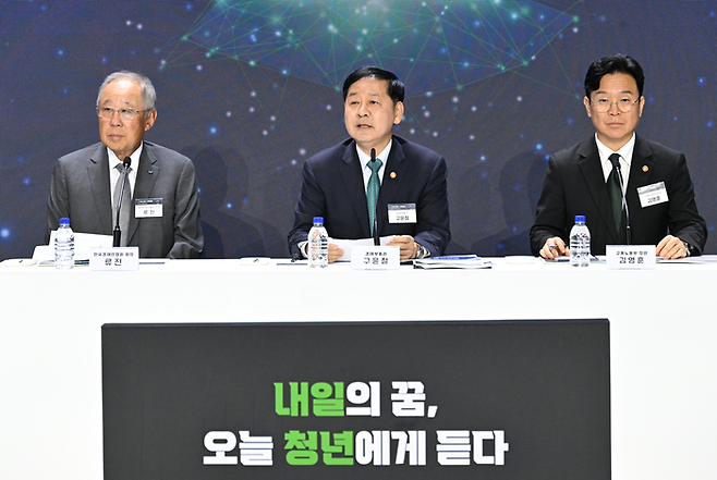 구윤철 부총리 겸 재정경제부 장관(가운데)이 4월 29일 서울 서초구 aT센터에서 열린 ‘민관합동 청년뉴딜 보고회’에 참석해 청년뉴딜 추진방안을 발표하고 있다. <재정경제부>