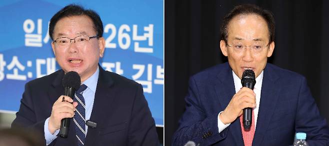 더불어민주당 김부겸 대구시장 예비후보(사진 왼쪽)가 28일 오전 대구 서구 선거사무소에서 열린 지역 청년·활동가 타운홀 미팅에서 참석자들의 질문에 답하고 있다. 사진 오른쪽은 국민의힘 추경호 대구시장 예비후보가 같은 날 대구 중구 2.28 민주화 운동 기념사업회를 방문해서 인사말을 하는 모습. 연합뉴스