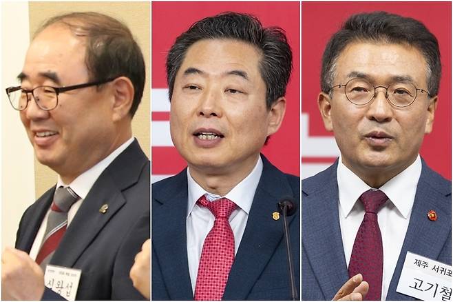 인천 계양을 심왕섭(왼쪽부터)·광주 광산을 안태욱·제주 서귀포 고기철 (서울=연합뉴스) 황광모 기자 2026.5.1 hkmpooh@yna.co.kr