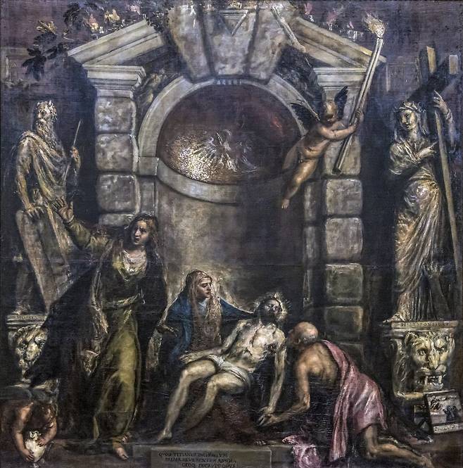 '피에타'(1576). 티치아노가 자기 무덤에 걸기 위해 직접 그리던 마지막 작품. 그리스도의 시신 발치에 무릎 꿇고 그를 올려다보는 늙은 남자가 바로 티치아노 자신이다. 같은 해 페스트로 사망하면서 끝내 완성하지 못했고, 후배 화가 팔마 일 조바네가 마무리했다. /베네치아 아카데미아 미술관