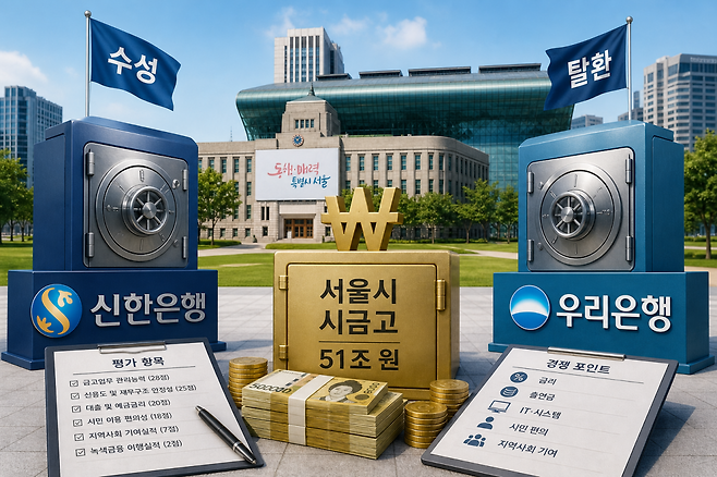51조 원 규모의 서울시 자금을 관리하는 초대형 금고 사업을 두고 현 금고지기인 신한은행과 과거 장기간 시금고를 맡았던 우리은행이 맞붙는다.(사진=AI 생성)