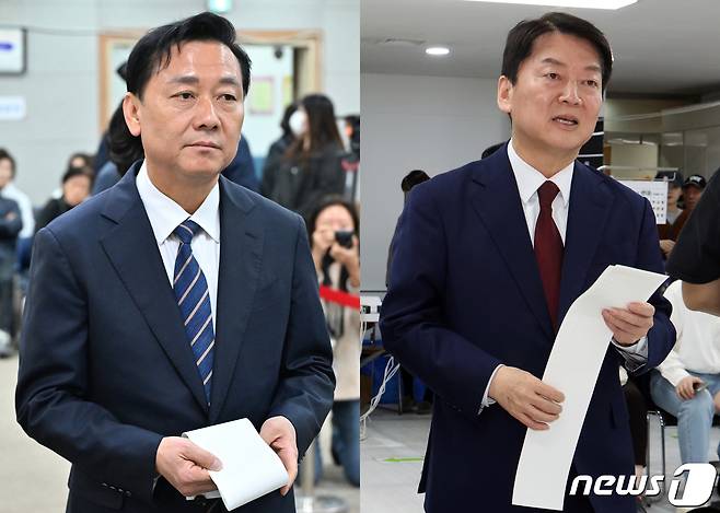 2024년 4월 5일 제22대 국회의원 선거 사전투표일을 맞아 경기 성남시 분당구 서현1동 행정복지센터 사전투표소에서 경기 성남 분당갑에 출마한 이광재 더불어민주당 후보(왼쪽)와 야탑2동 행정복지센터에서 안철수 국민의힘 후보가 각각 사전투표하고 있는 모습. 2024.4.5 ⓒ 뉴스1 김명섭 기자