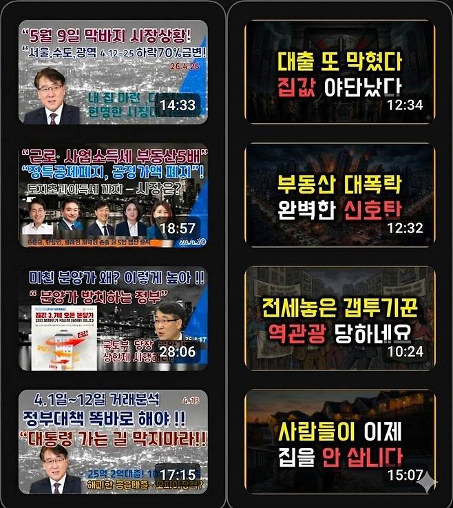 부동산 가격 하락론을 강조하는 유튜브 채널 한문도TV(왼쪽)와 라이트하우스의 동영상 목록. 사진 유튜브 캡처