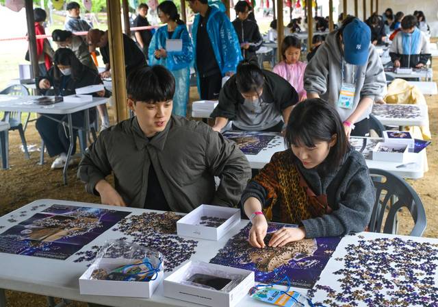 ‘제1회 세계 구석기 직소 퍼즐 챔피언십’에서 참가자들이 ‘주먹도끼’가 그려진 500피스 퍼즐을 맞추고 있다.조주현기자