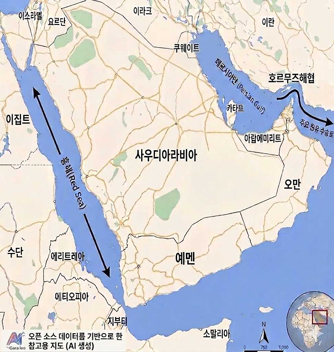 해수부는 3일 우리 선박 한 척이 홍해를 안전하게 통과해 현재 국내로 원유를 운송 중이라고 밝혔다. [해수부·Gemini]