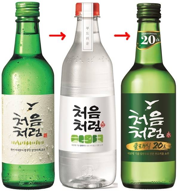(왼쪽부터) 처음처럼 출시 당시 패키지, 처음처럼 진, 처음처럼 클래식. [제공=롯데칠성음료]