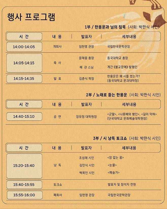 '님의 침묵' 발간 100주년을 기념 행사 프로그램 (국립한국문학관 제공)