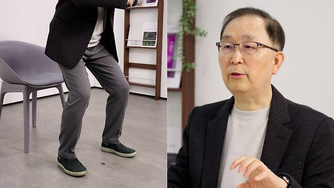 나영무 원장이 중앙일보 '뉴스페어링'과 인터뷰 도중 '항암 운동' 시범을 보이고 있다. 더중앙플러스 '뉴스페어링'에서는 나 원장의 운동법을 동영상으로 확인할 수 있다.
