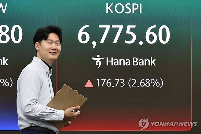 4일 서울 중구 하나은행 딜링룸 현황판에 코스피가 표시되고 있다. [연합뉴스]